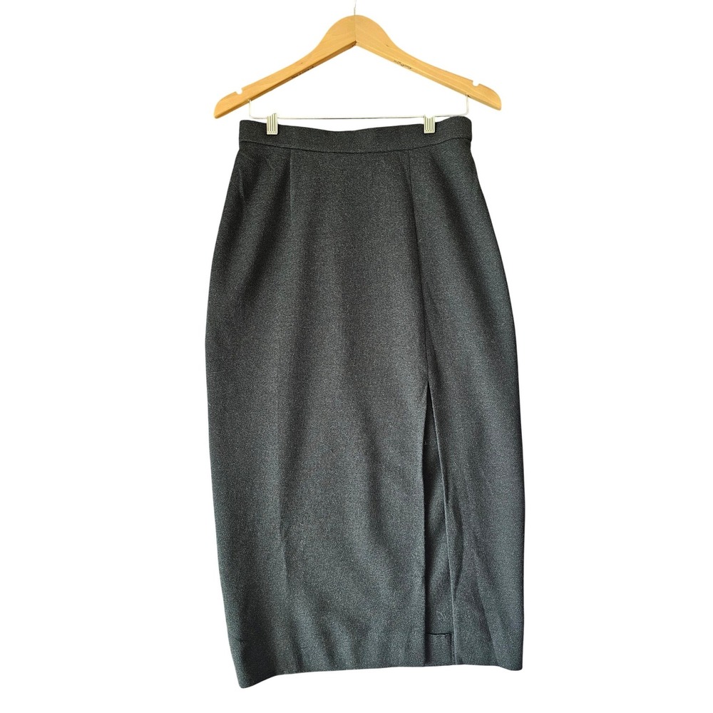 DONNA KARAN Black Label Vintage Dark Gray Wool Midi Pencil Skirt w/ Slit 12‎